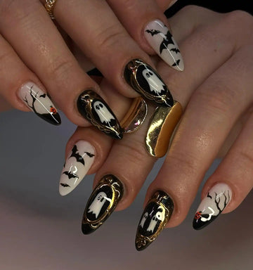 Handmade Spooky Ghost Bat Halloween Reusable Black Press on Nails Q06