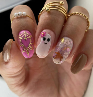 Handmade Cute Ghost Spiderweb Pink Brown Fall Press on Nails Q18