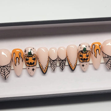 Handmade Spooky Pumpkin Spiderweb Orange Halloween Press on Nails E17