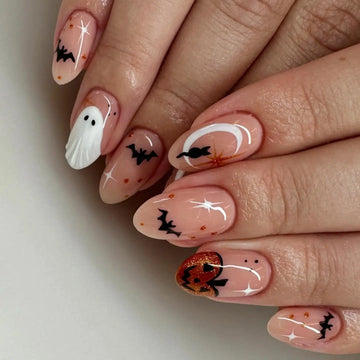 Handmade Spooky Ghost Bat Moon Pumpkin Halloween Press on Nails D51