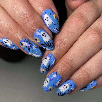 Handmade Cute Ghost Floral Blue Halloween Fall Press on Nails Z90