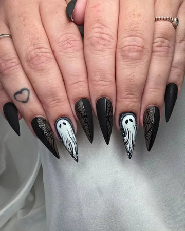 Handmade Spooky Ghost Spiderweb Matte Halloween Press on Nails X64
