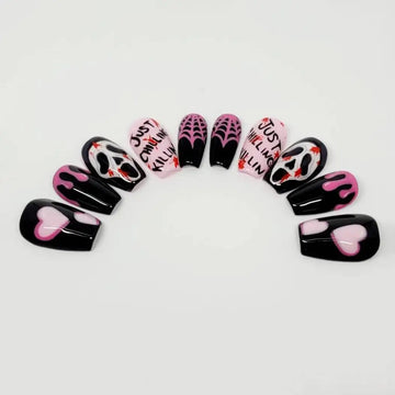Handmade Spooky Scream Ghost Spiderweb Halloween Pink Black Press on Nails A41