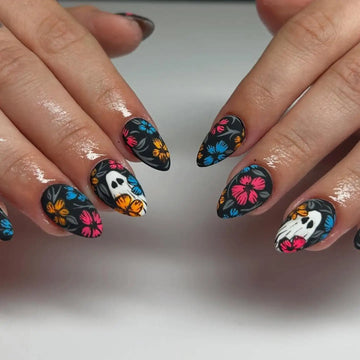 Handmade Ghost Floral Black Halloween Fall Press on Nails U62