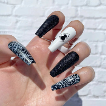 Handmade Spooky Spiderweb Glitter Black White Halloween Press on Nails E62