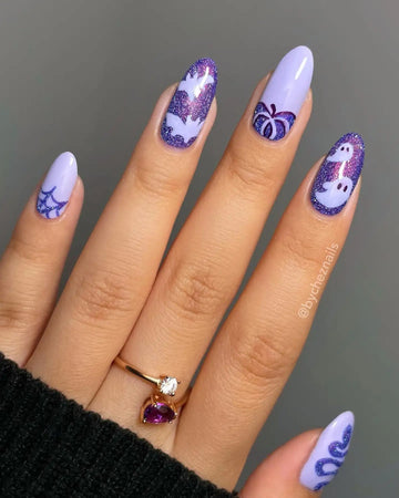 Handmade Spooky Ghost Bat Spider Glitter Purple Halloween Press on Nails O99