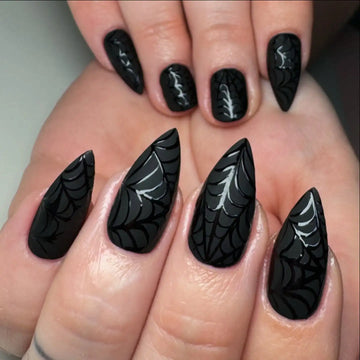 Handmade Spooky Spiderweb Matte Black Halloween Press on Nails K24