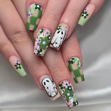 Handmade Cute Ghost Flower Green Pink Halloween Press on Nails Z83