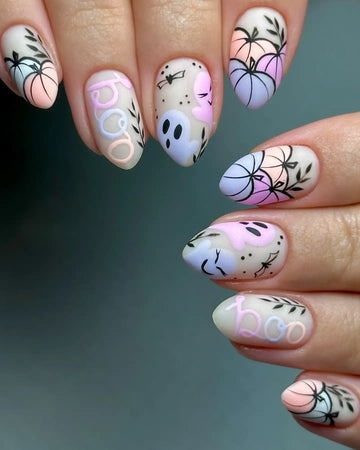 Handmade Pastel Ghost Pumpkin Boo Halloween Fall Press on Nails E59
