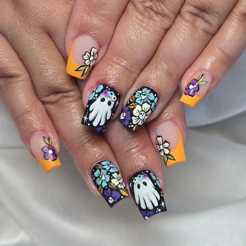 Handmade Cute Ghost Flower Orange Pink Halloween Press on Nails U56