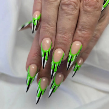 Handmade Beetl-juice Striped Green Slime Halloween Press on Nails Q29
