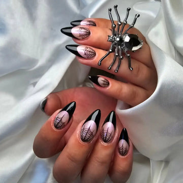 Handmade Spooky Spiderweb Pink Black French Halloween Press on Nails E71