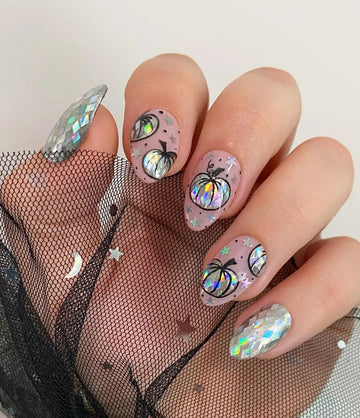Handmade Pumpkin Star Glitter Holographic Fall Autumn Press on Nails A61