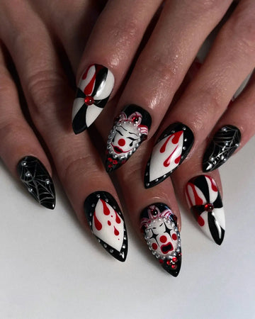 Handmade Spooky Clown Drip Spiderweb Red Black Halloween Press on Nails W07