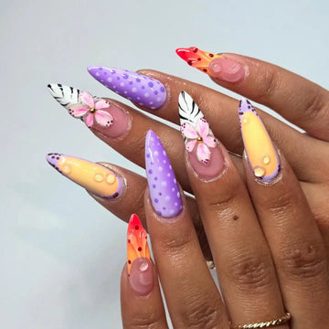 Handmade Colorful 3D Flower Polka Dot Ombre Unique Press on Nails Y04