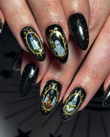 Handmade Haunted Portrait Ghost Gold Frame Black Halloween Press on Nails B62