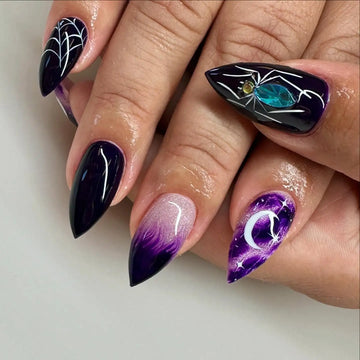 Handmade Spooky Spiderweb Moon Ombre Purple Halloween Press on Nails S44