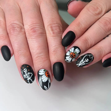 Handmade Matte Black Skeleton Flower Pumpkin Halloween Press on Nails M54