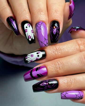 Handmade Spooky Ghost Spiderweb Purple Glitter Halloween Press on Nails P20