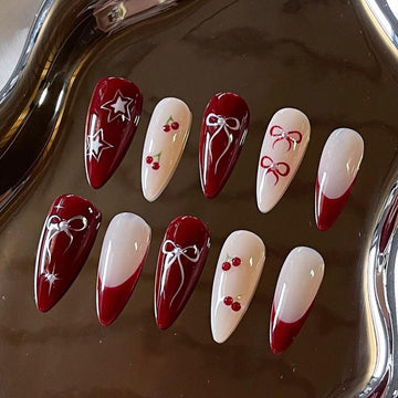 Cherry Bow French Press on Nails - Red & White Almond Design Y53