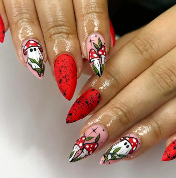 Handmade Ghost Mushroom Spooky Red Halloween Press on Nails K52
