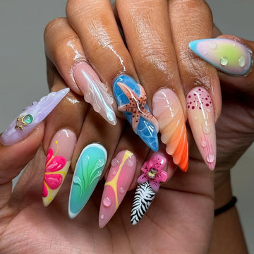 Handmade Vibrant Artistic Multicolor 3D Floral Sea-Inspired Press on Nails N30