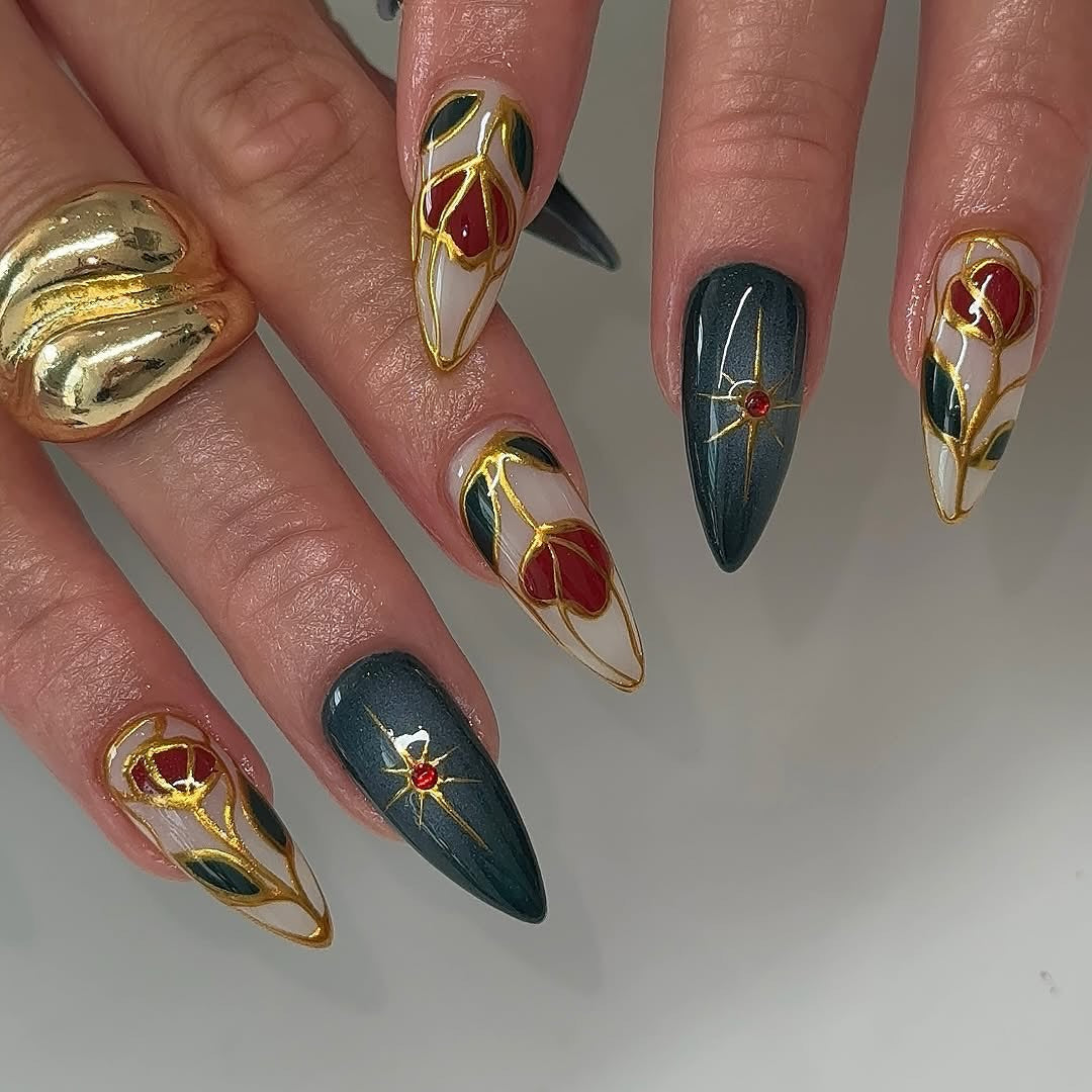 Elegant Almond Nails with Glass Accent