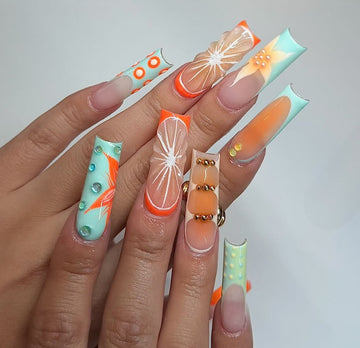 Handmade Summer Fruit 3D Orange Blue Playful Unique Press on Nails C51