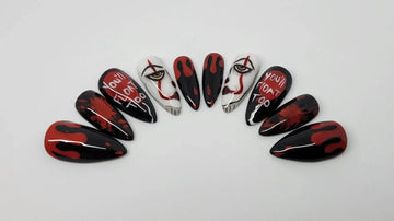 Handmade Spooky Clown Blood Red White Halloween Press on Nails R37