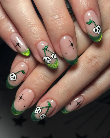 Handmade Edgy Skull Cherry Green Cat Eye French Press on Nails S54