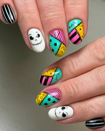 Handmade Spooky Jack Skull Stripe Halloween Press on Nails G73