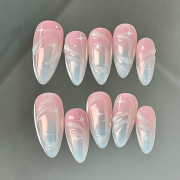 Handmade Soft Pink White Starry Swirl Elegant Press on Nails X83