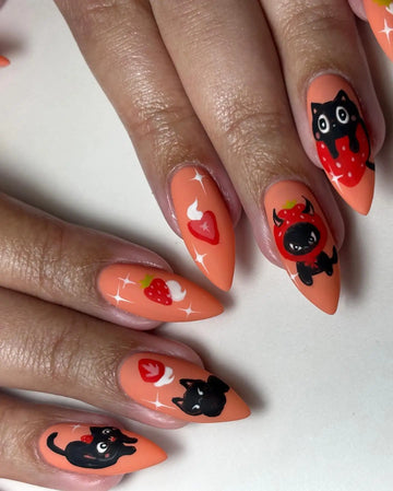 Handmade Kawaii Strawberry Devil Cat Red Sweet Halloween Press on Nails V55