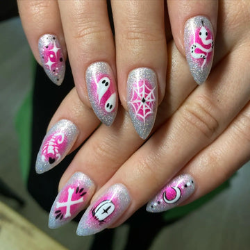 Handmade Goth Halloween Ghost Spider Pink Silver Glitter Press on Nails F08