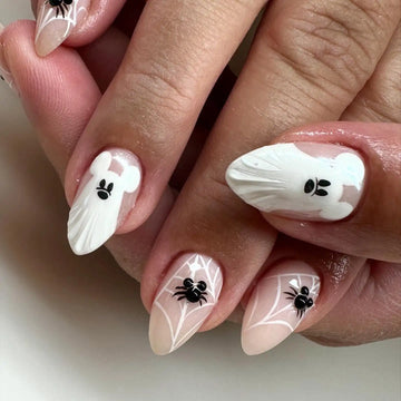Handmade Mouse Cute Ghost Spiderweb White Halloween Press on Nails B13