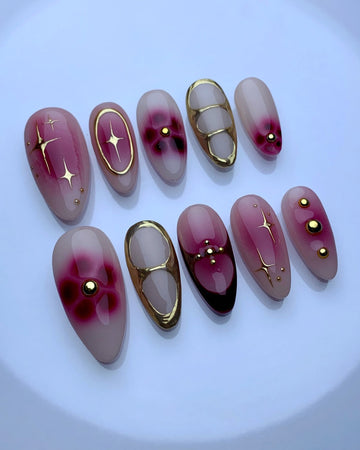 Handmade Pink Floral Star Nail Art with Gold Pearl Accent Press on Nails H20