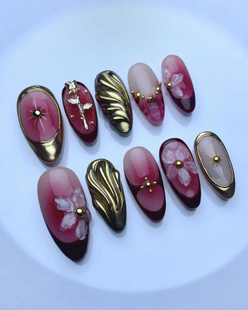 Handmade Pink Rose Floral Nail Art with Gold Swirl Pearl Press on Nails O51