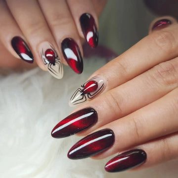 Handmade Dark Red Cat Eye Spider Halloween Gothic Press on Nails X18