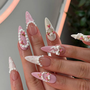 Handmade Pink White 3D Floral Ribbon Vintage Bridal Press on Nails C43