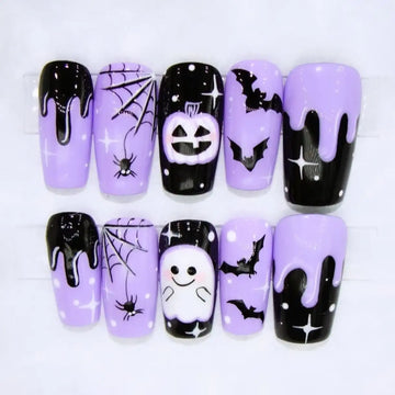 Handmade Spooky Purple Ghost Bat Pumpkin Halloween Press on Nails E04
