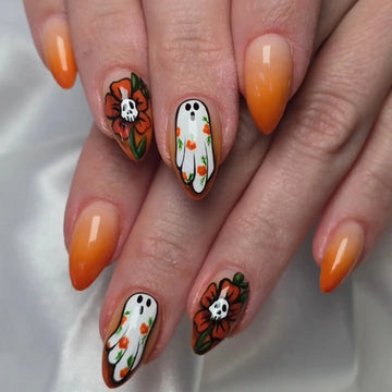 Handmade Fall Autumn Ombre Ghost Skull Orange Halloween Press on Nails M52
