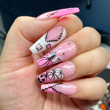 Handmade Pink Halloween Cute Pumpkin Ghost Press on Nails A59