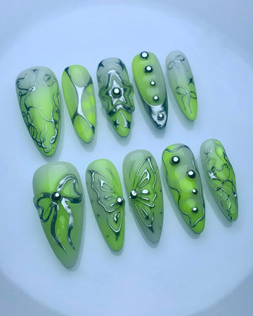 Handmade Vibrant Green Butterfly Star Nail Art with Pearl Bow Press on Nails Q26