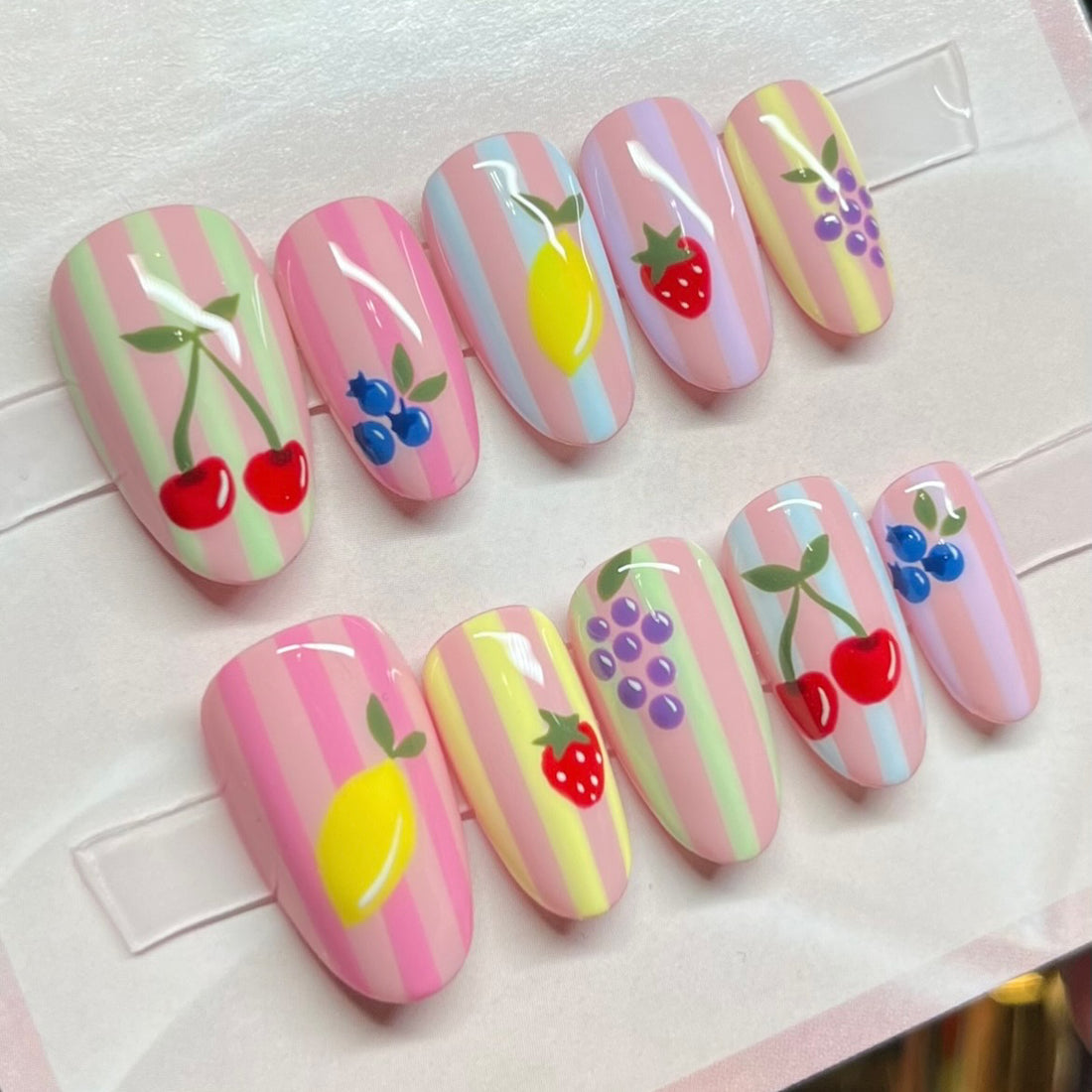 Handmade Colorful Striped Fruit Pattern Fun Vibrant Press on Nails N00