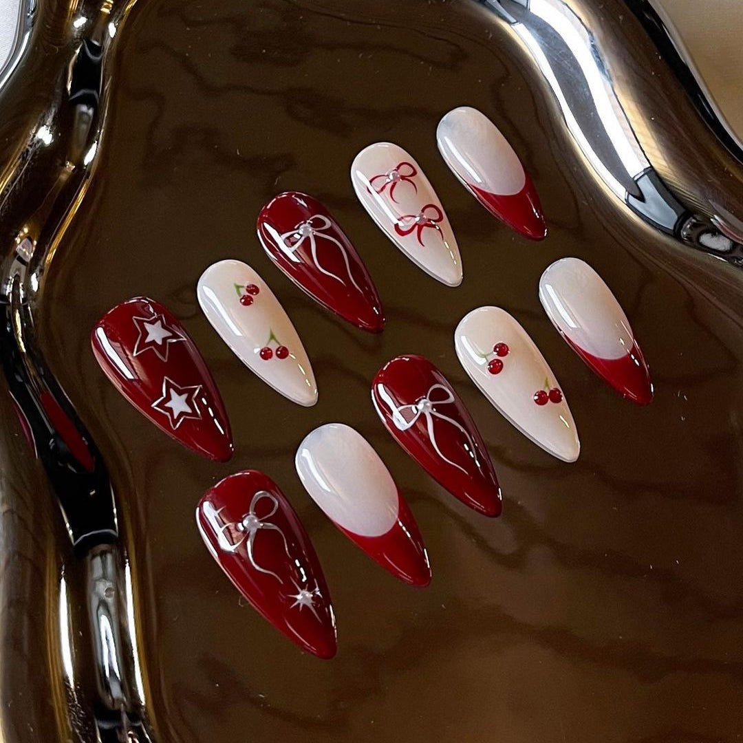 Cherry Bow French Press on Nails - Red & White Almond Design Y53