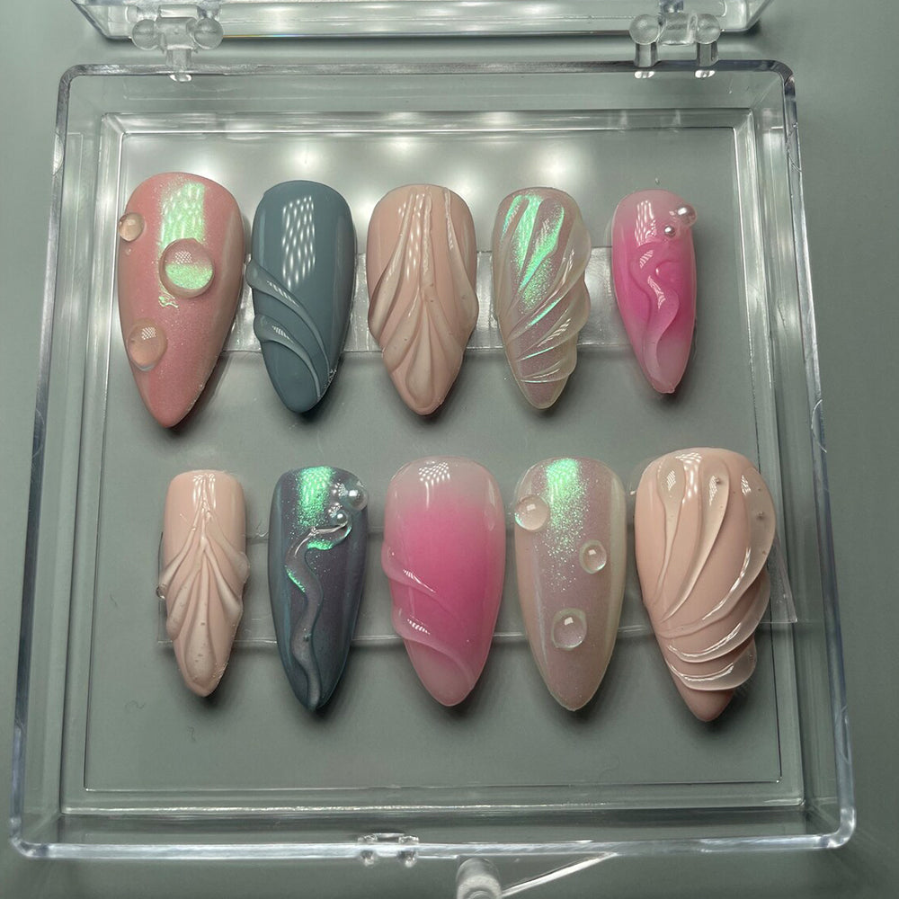 Handmade Aura Effect Custom Press on Nails - 3D Pink Mermaid Design G85