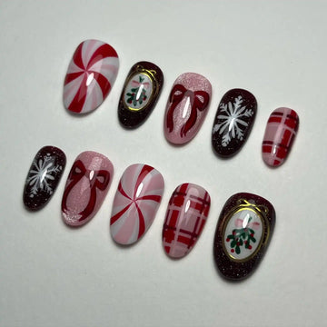 Handmade Candy Cane Snowflake Red Bow Holiday Art Christmas Press on Nails A64
