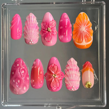 Handmade Pink Orange 3D Flower Seashell Fruit Summer Press on Nails R35