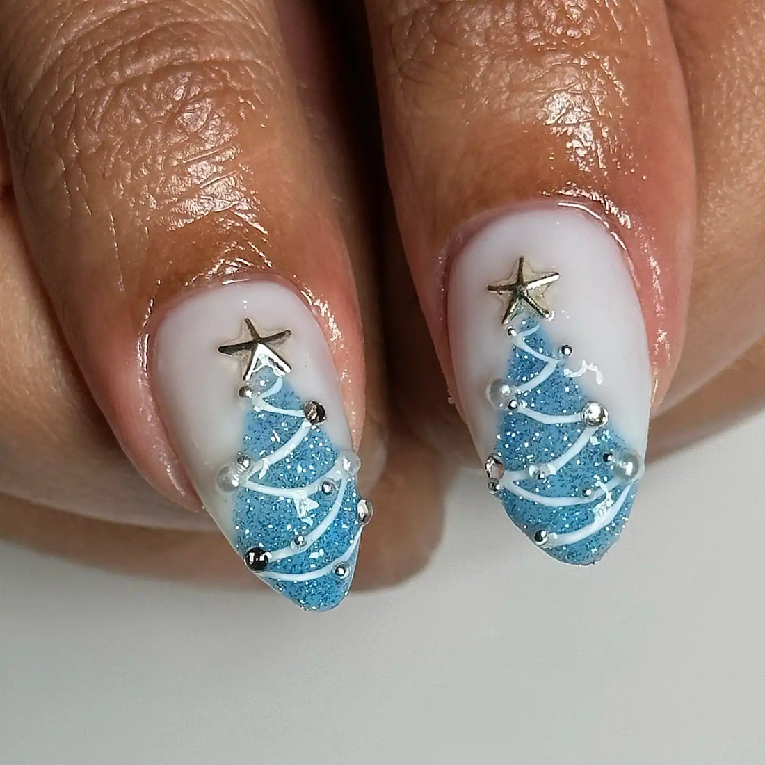Handmade Winter Christmas Snowflake Gift Bow Blue Press on Nails X03