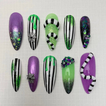 3D Beetlejuice Halloween Press on Nails - Glitter Fingernails V89